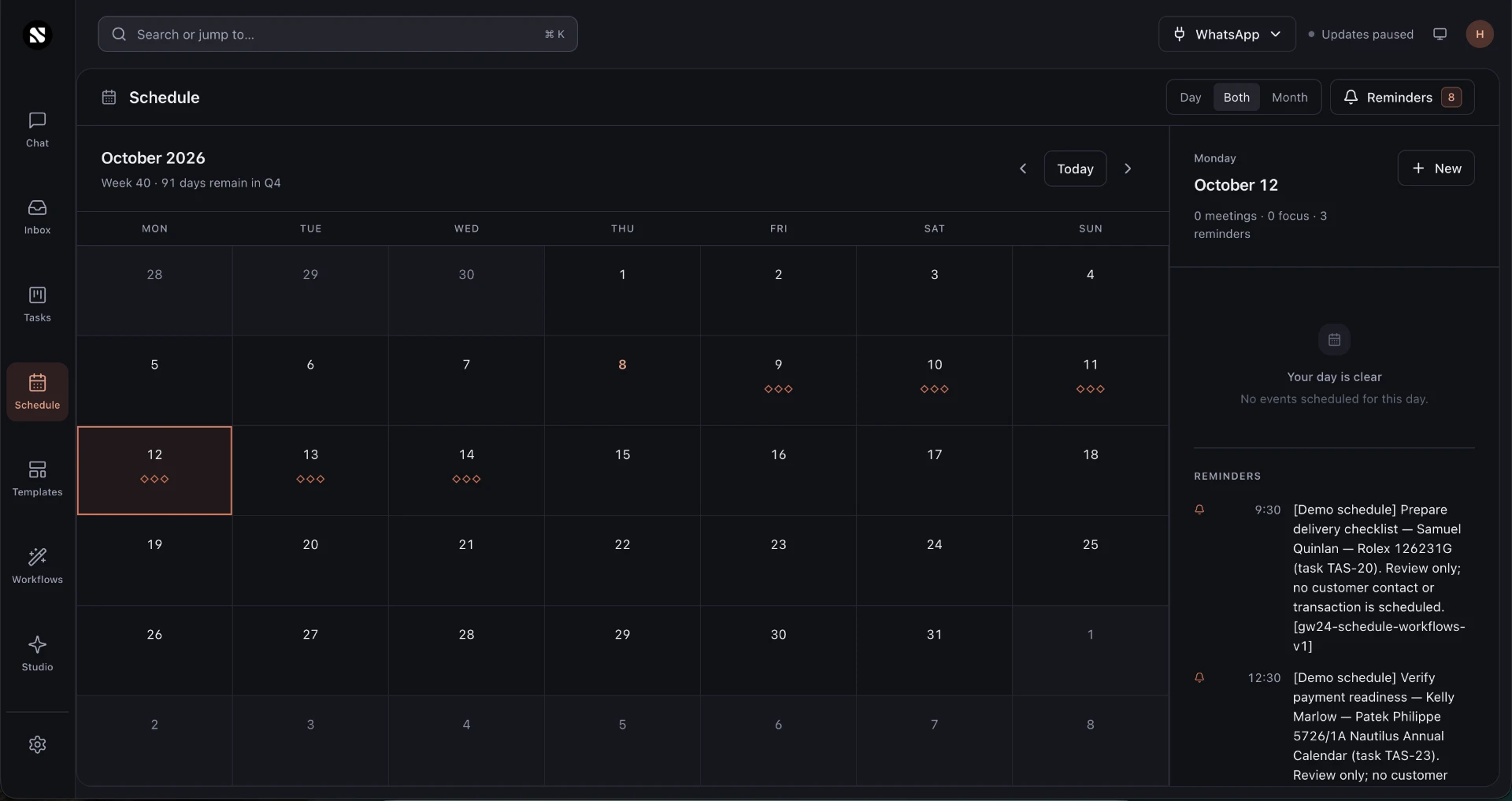 Suvi monthly schedule with a daily agenda and reminders