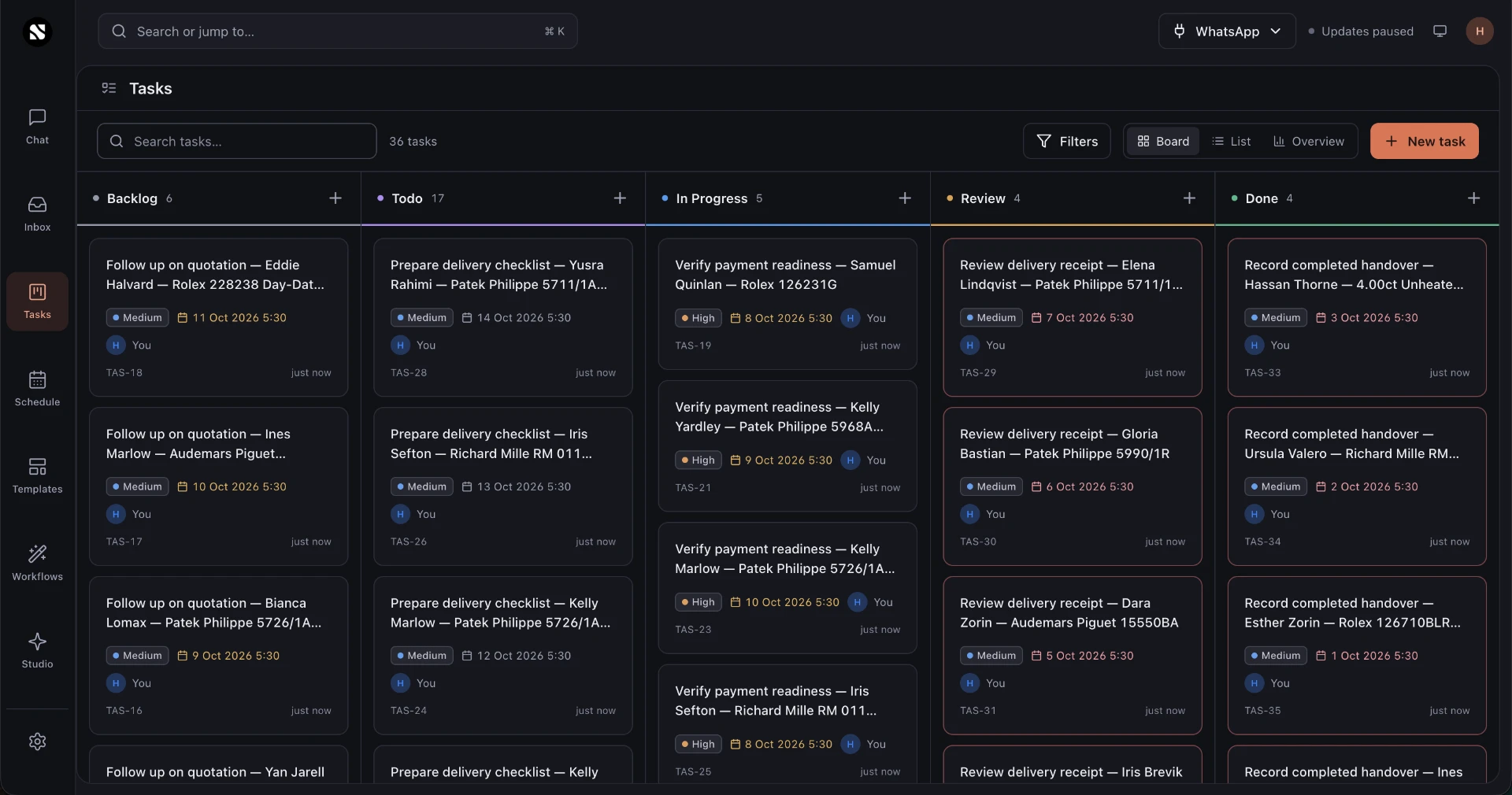 Suvi task board with Backlog, Todo, In Progress, Review and Done columns